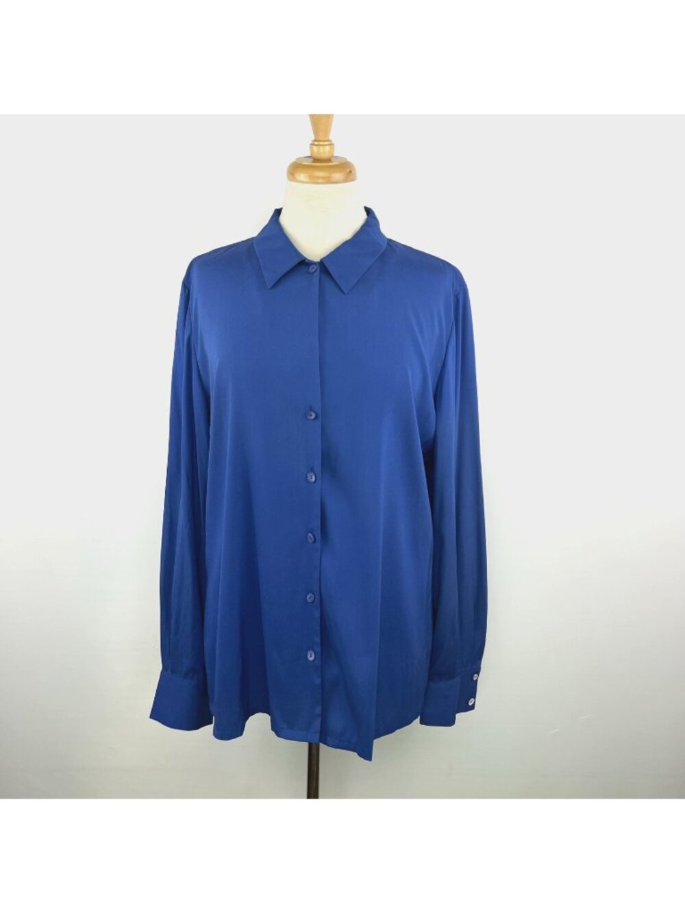 90s Dana Buchman Size 16 Blue Silk Stretch Shirt Women Blouse Chic Button Up Top